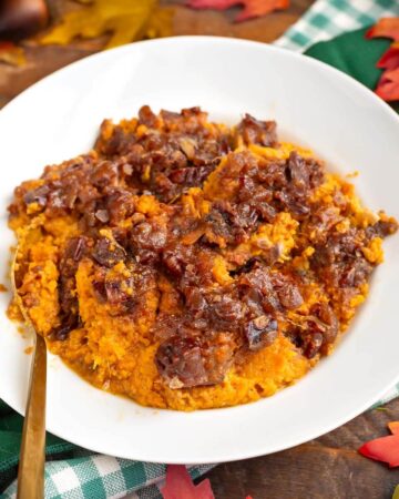 Slow Cooker Candied Sweet Potatoes in white dish