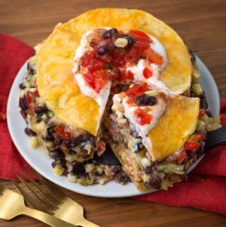 Veggie Tortilla Pie on a plate sliced