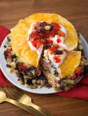 Veggie Tortilla Pie on a plate sliced