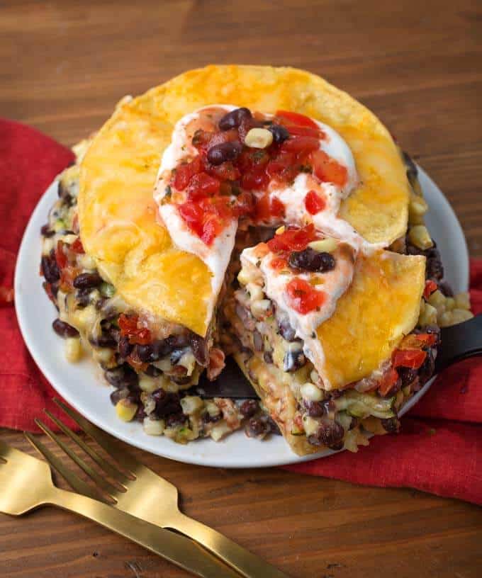 Veggie Tortilla Pie on a plate sliced