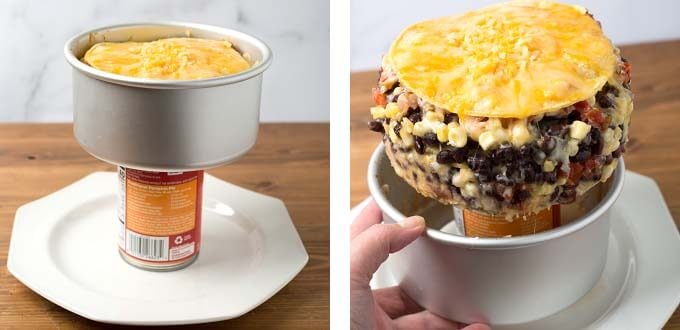 two images showing pressure cooker Tortilla Pie in push pan on a soup can on a white plate to remove from pan