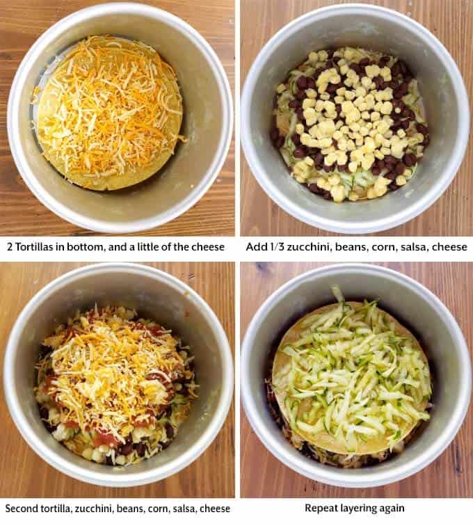 Four images showing layering of ingredients for Veggie Tortilla Pie in pressure cooker pot