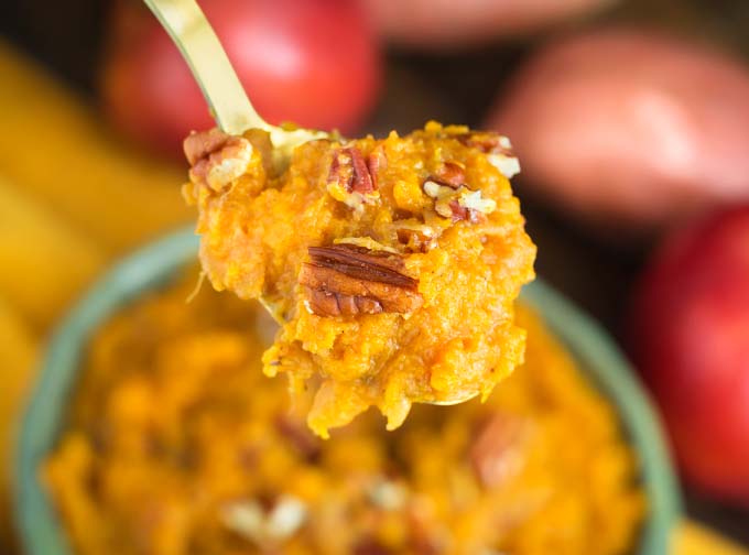 Close up of Sweet Potatoes and Apples on spoon