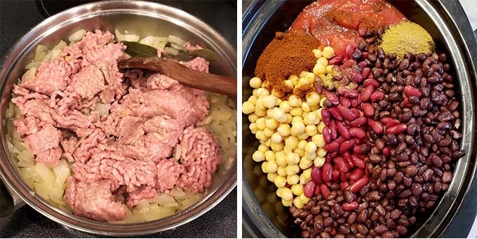 browning ground turkey with onion and celery, beans and seasonings added to crockpot