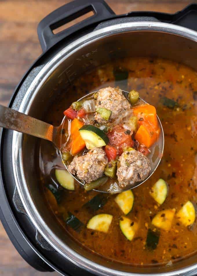 A ladle full of Albondigas Soup