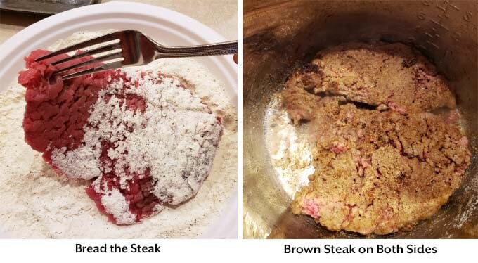 two images showing how to flour and brown the steaks