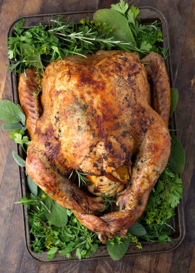 Thanksgiving Turkey on baking sheet with vegetables and herbs