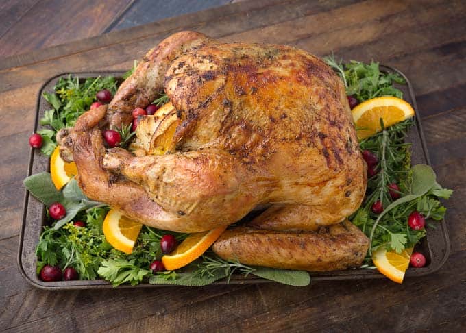 Thanksgiving Turkey on baking sheet with vegetables, herbs, sliced oranges and cranberries