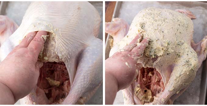 Putting butter under turkey skin with hand