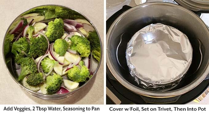 two images showing how veggies go in a separate pan under the pan with the salmon