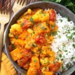 Instant Pot Red Curry Vegetables with rice in grey bowl