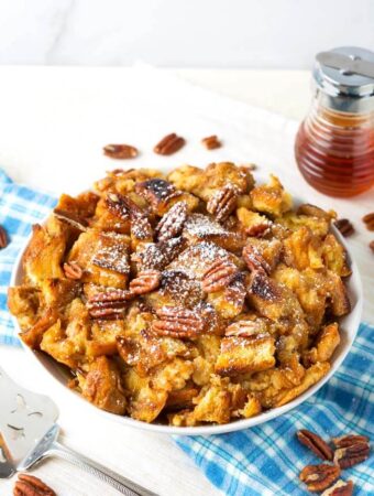 French toast casserole in a white bowl
