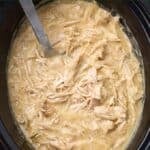 Slow Cooker Chicken and Gravy in a black crock