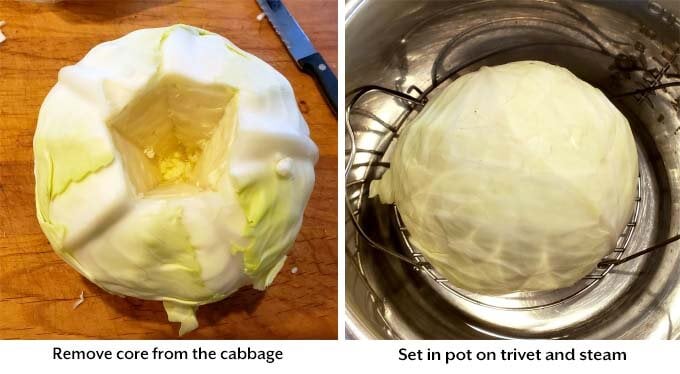 two process images showing coring of cabbage and setting it on a trivet in a pressure cooker pot