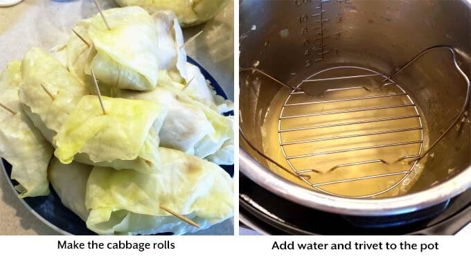 two image showing the folding and making of the rolls and adding water to pressure cooker pot