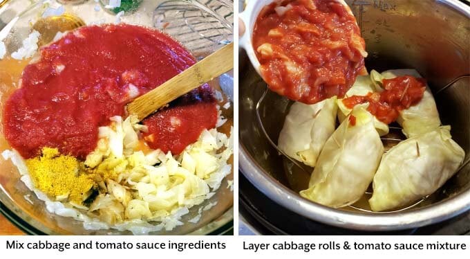 two images showing the layering of the sauce
