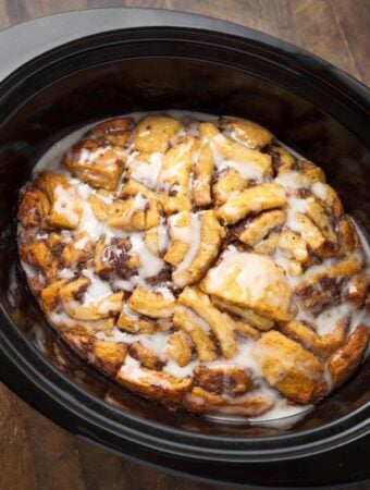 Slow Cooker Cinnamon Roll Casserole in cooker