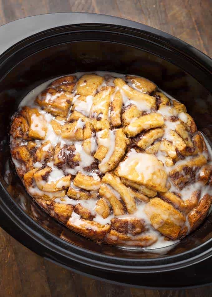 Slow Cooker Cinnamon Roll Casserole in cooker