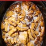 Cinnamon Roll Casserole in a black crock