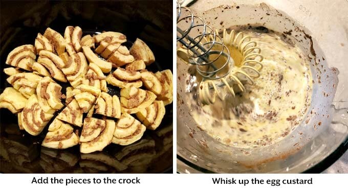 two images showing the addition of cinnamon rolls to crock pot and making custard for Cinnamon Roll Casserole