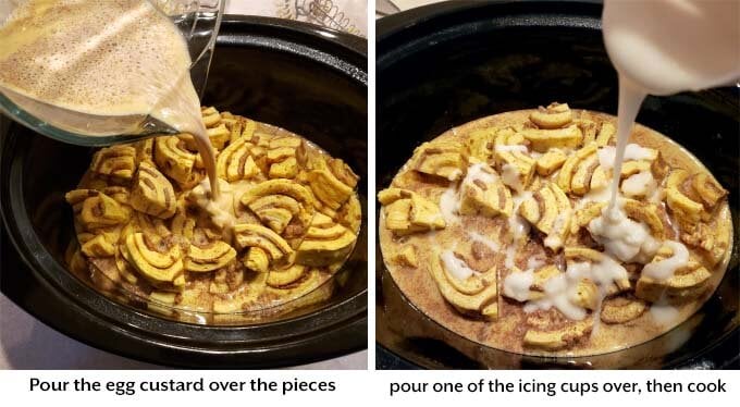 two images showing addition of custard and icing to make crock pot Cinnamon Roll