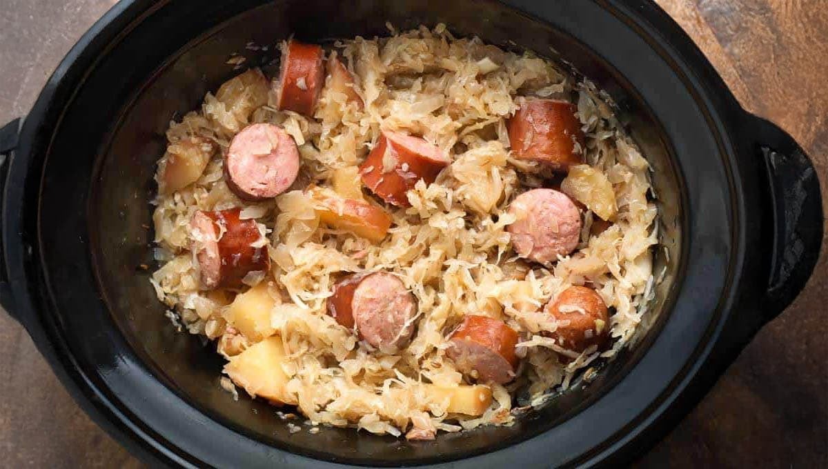 Slow Cooker full of Sauerkraut and Kielbasa