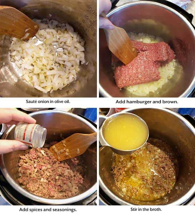 four images showing addition of onion, hamburger, seasoning and broth to make Cheesy Hamburger Casserole