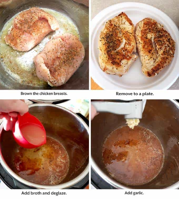 four images showing how to cook chicken and sauce for pressure cooker Cajun Chicken Breasts