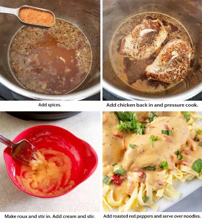 Four images showing the addition of spices and cooking the chicken to make Pressure cooker Cajun Chicken Breasts