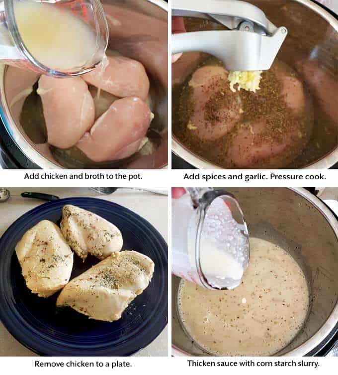 four images showing how to prepare chicken for making Creamy Italian Chicken Breasts