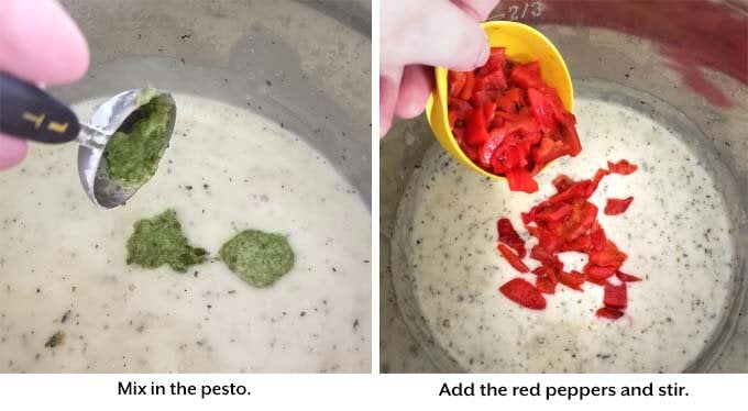 Two images showing what to add to sauce to make Creamy Italian Chicken Breasts