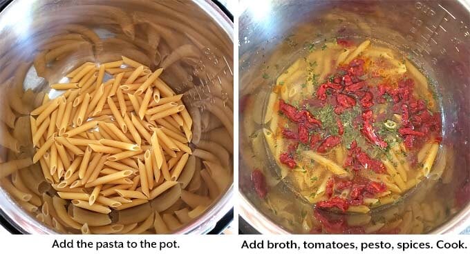 two images showing how to layer ingredients to make the Pesto Pasta