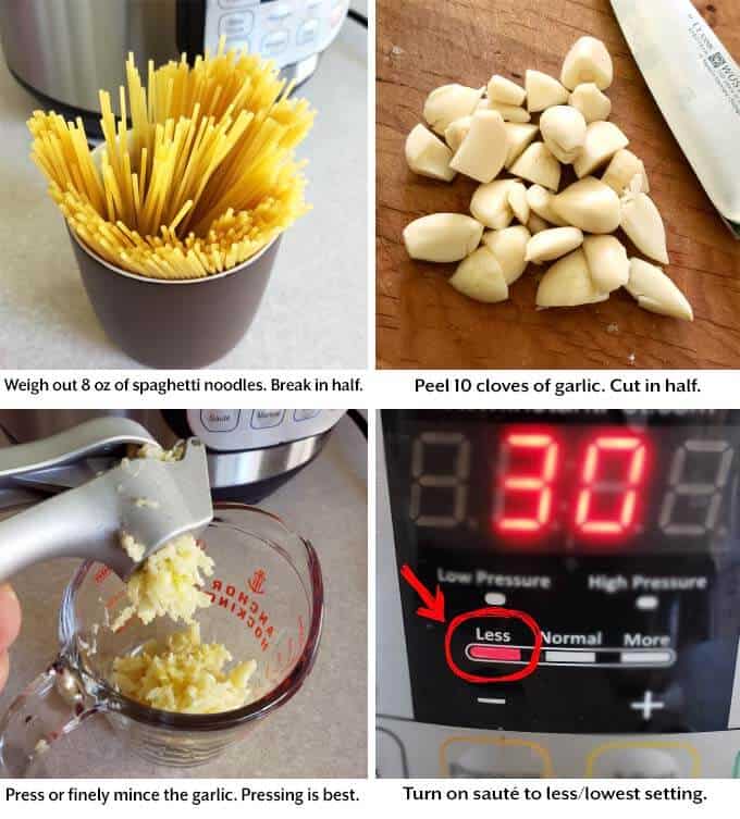 four images showing process of making pressure cooker Garlic Noodles