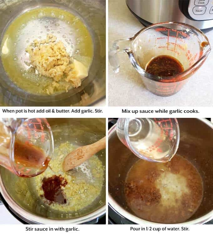 four images showing how to make the sauce forpressure cooker Garlic Noodles
