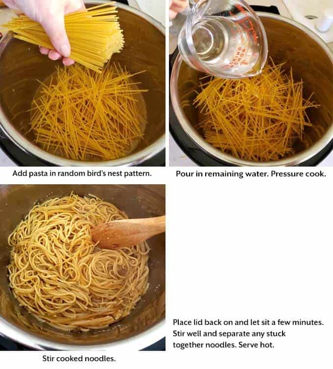 three images showing how to place noodles to make pressure cooker Garlic Noodles