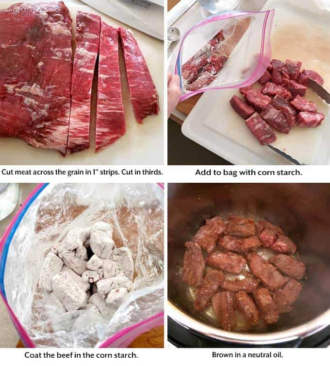 Four images showing how to prepare the beef for Pressure cooker Mongolian Beef