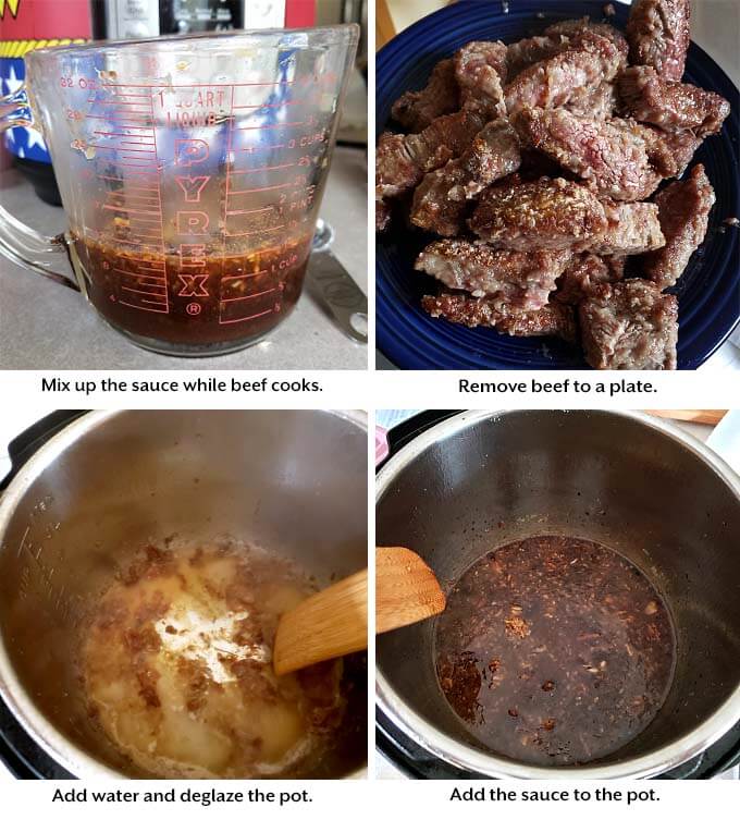 Four images showing how to make sauce for Pressure cooker Mongolian Beef