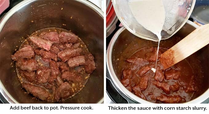 Two images showing how to add beef and thicken sauce for Pressure cooker Mongolian Beef