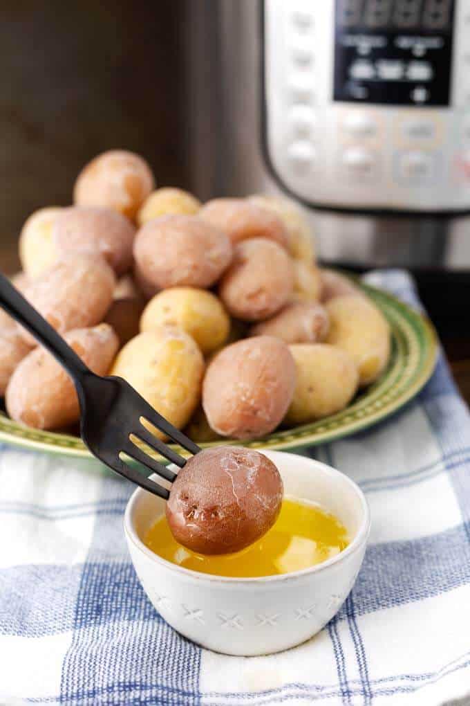 Fork dipping a Syracuse Salt Potatoe in a small bowl of butter all in front of a green plate of several potatoes and a pressure cooker