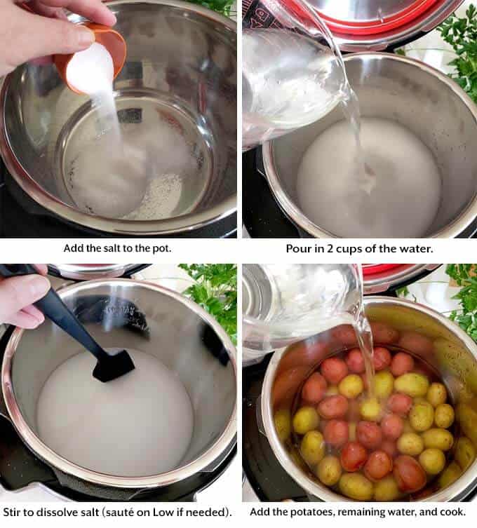 Four images showing the addition of salt, water, and potatoes to make the salt potatoes