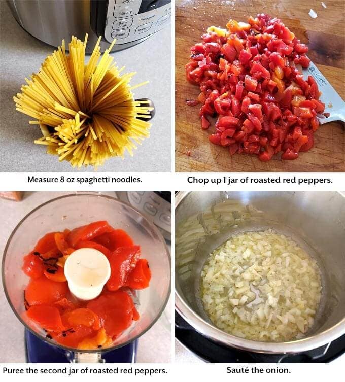 four images showing the preparation of Roasted Red Pepper Pasta including dried spaghetti noodles, red peppers, and sauteed onions