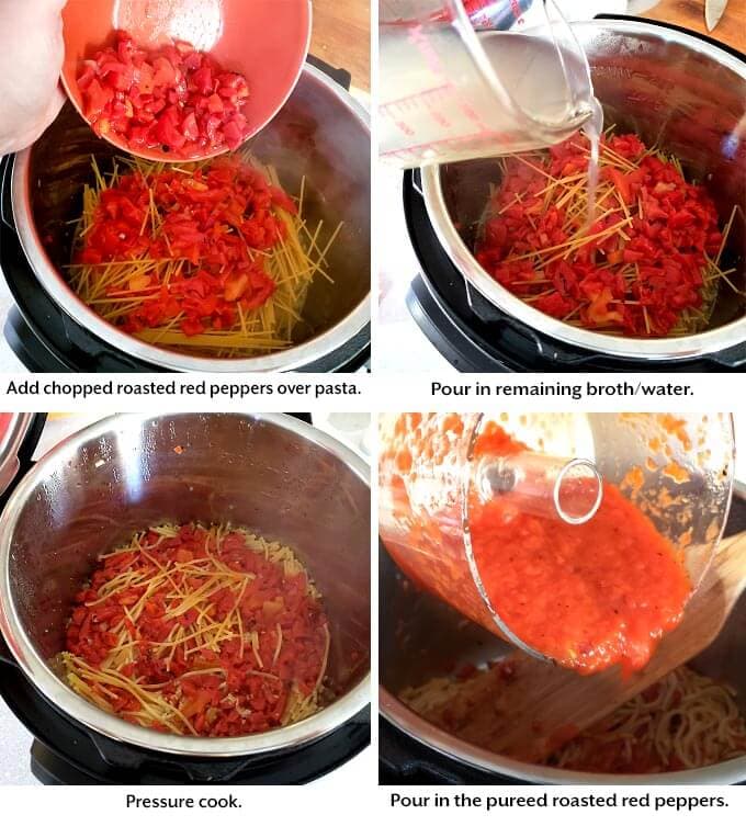 Adding ingredients into pressure cooker for Instant Pot Roasted Red Pepper Pasta
