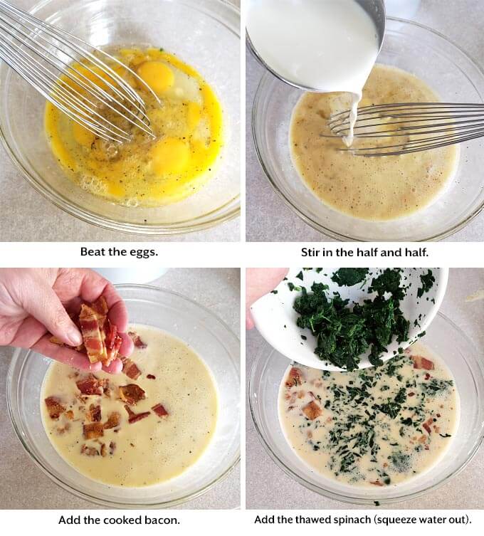 four images showing the steps of making Spinach Bacon Crustless Quiche