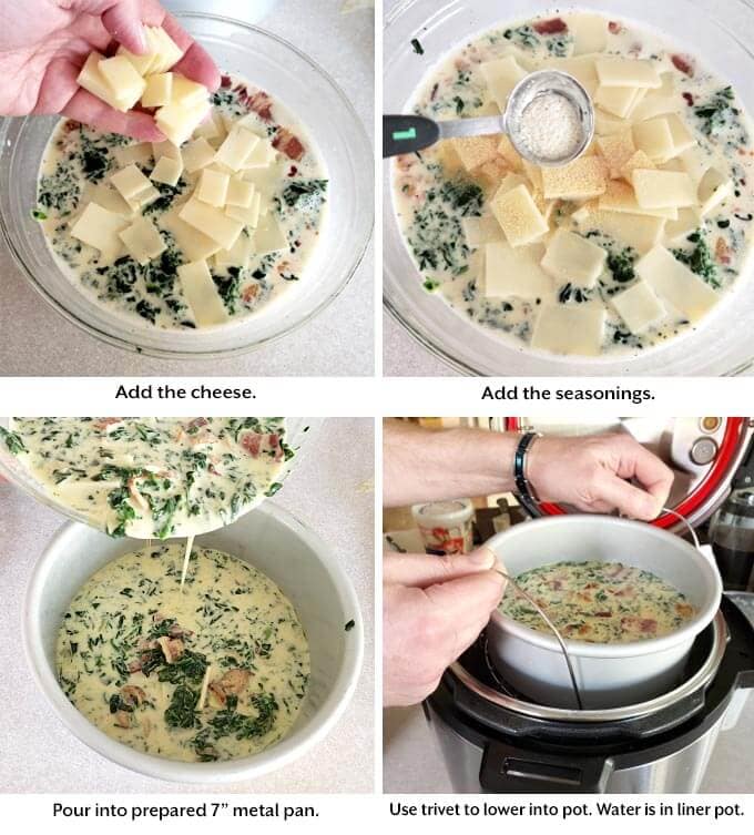 four images showing the addition of cheese, seasonings and placing quiche into pressure cooker