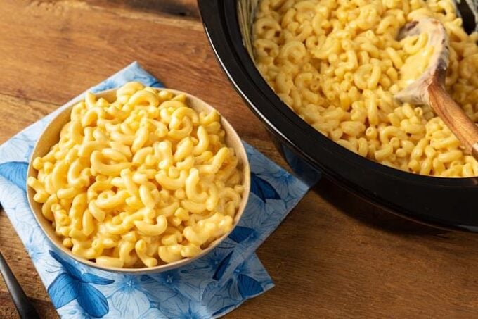 Mac and Cheese in a crock and in a bowl