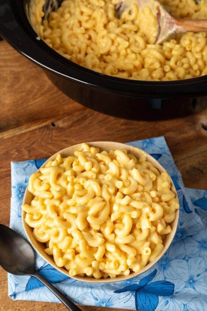 Mac and Cheese in the crock and in a bowl