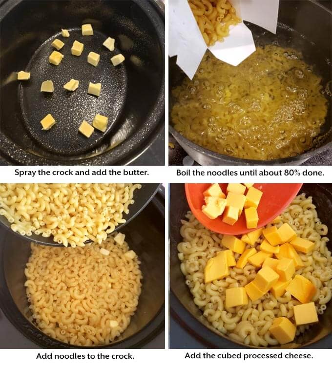 Four images showing Slow Cooker Mac and Cheese being cooked