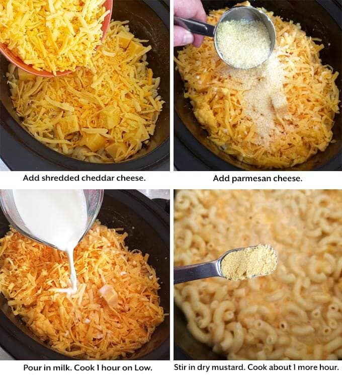 four images showing cheese, milk and seasonings into the crock
