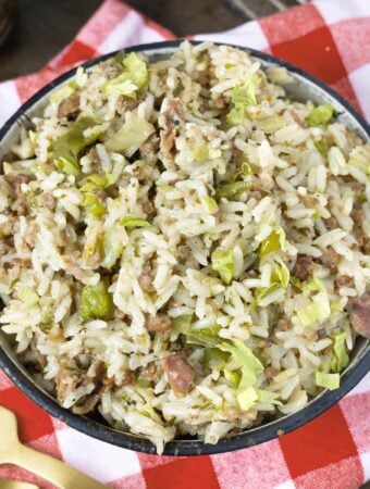 Instant Pot Dirty Rice in a white bowl from above