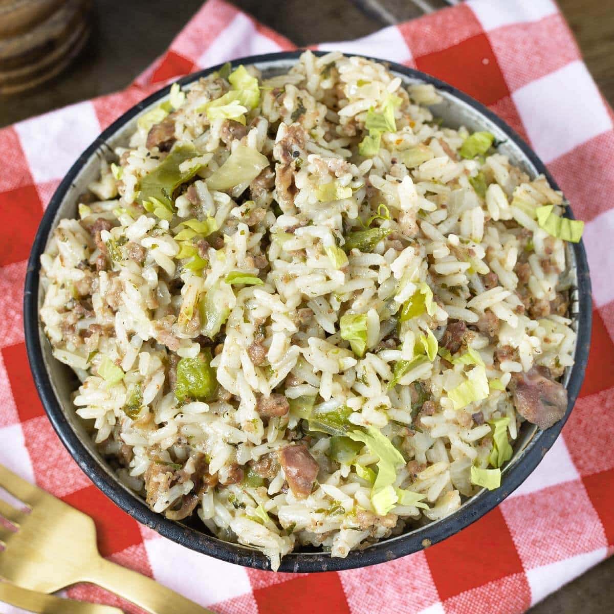 Instant Pot Dirty Rice in a white bowl from above